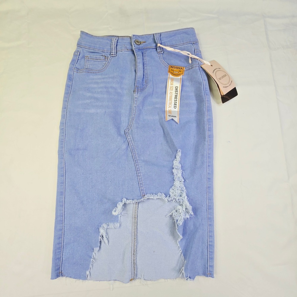 New Nivana Distressed Asymmetrical Denim Skirt Women's Small Light Blue Jean